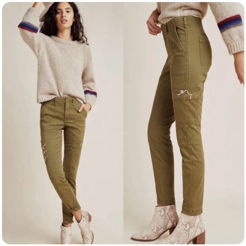 Anthropologie Army Green Austen Skinny Embroidered Crop Utility Pants.